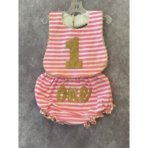 Mud Pie Baby Girl 1st Birthday Outfit Bloomers Bib Set Pink Gold One 12M